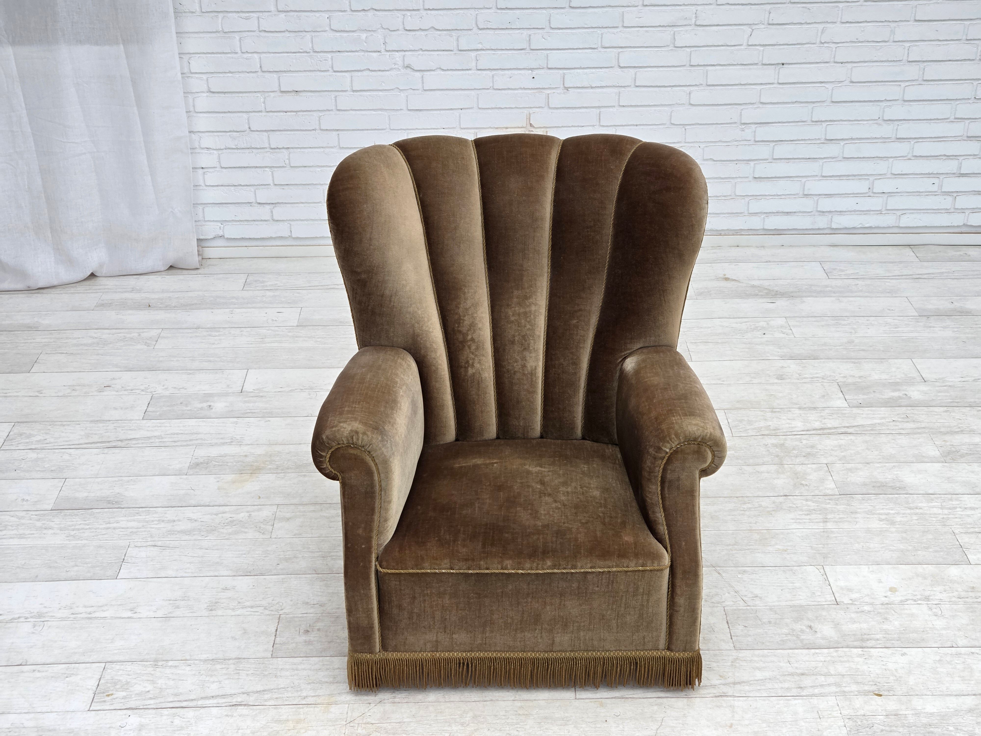 1960s, Danish relax armchair, dark green furniture velour, ash wood.