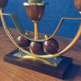 Pair of Art Deco candlesticks in brass and varnished wood, 1930s/1940s