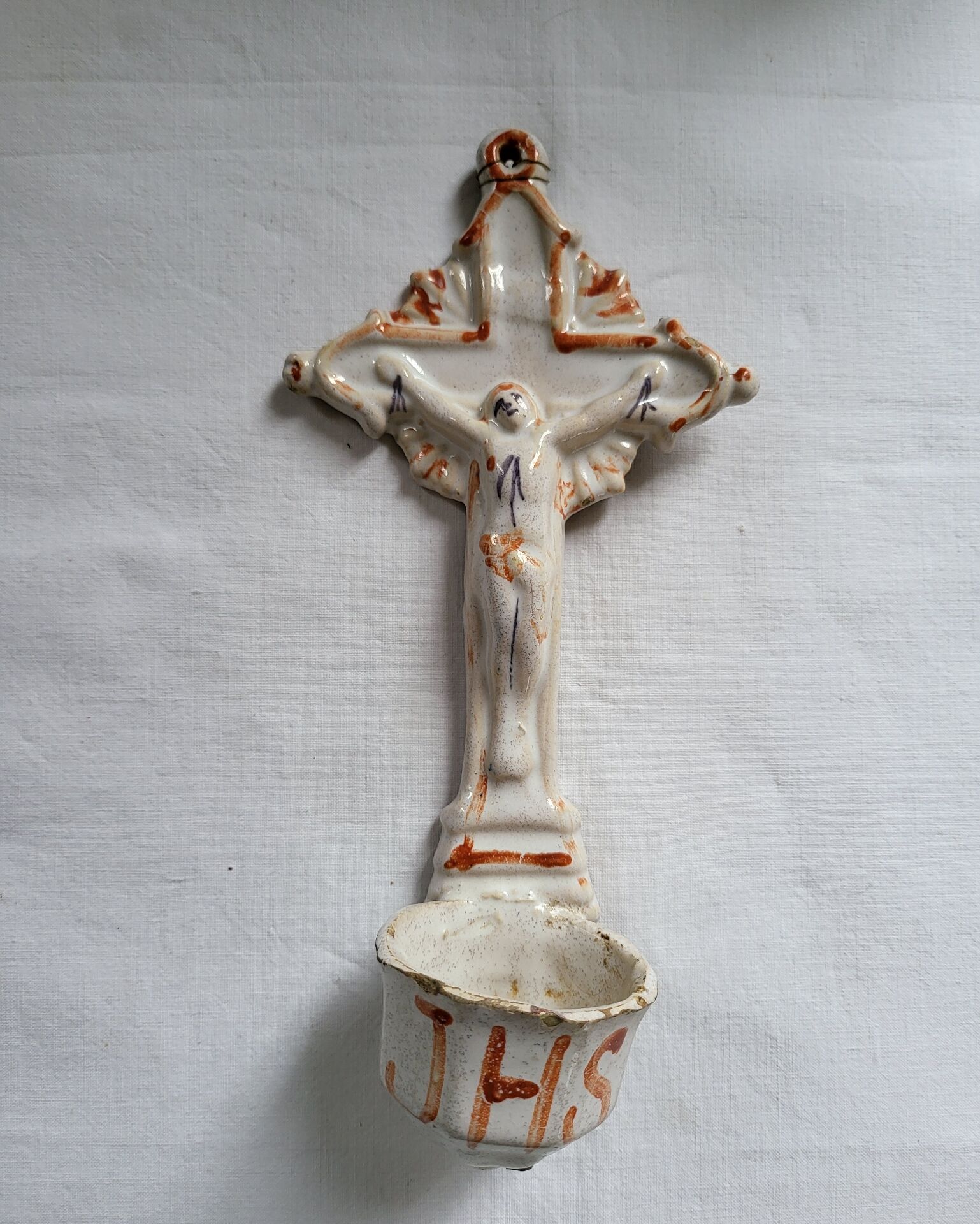 Old Faience Baptismal Font Cross Jesus Christ JHS