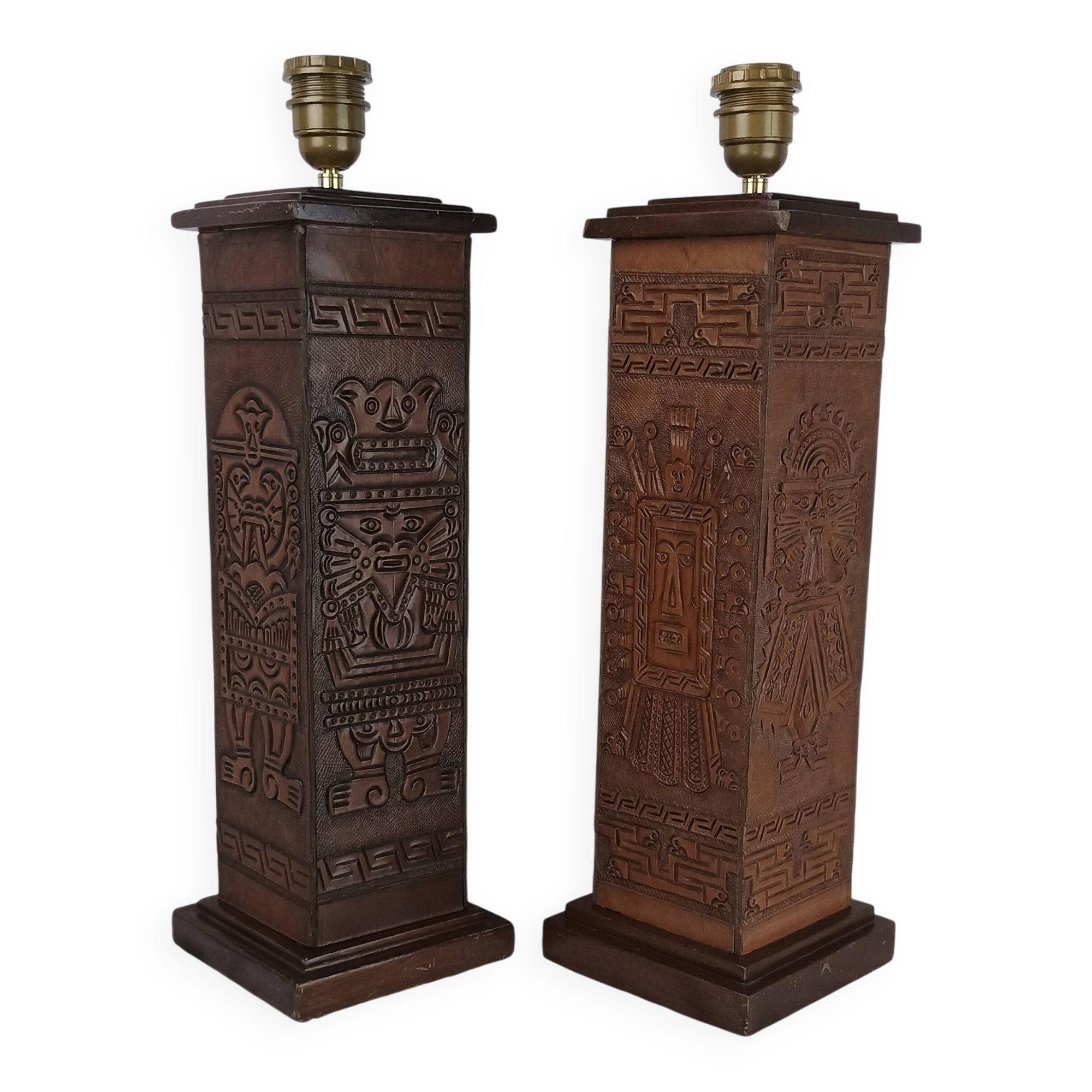 Pair of Kaiser Leuchten Totem Lamps in Vintage Aztec Inca or Mayan Leather