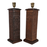 Paire de lampes Kaiser Leuchten totem en cuir vintage Azteque inca ou maya