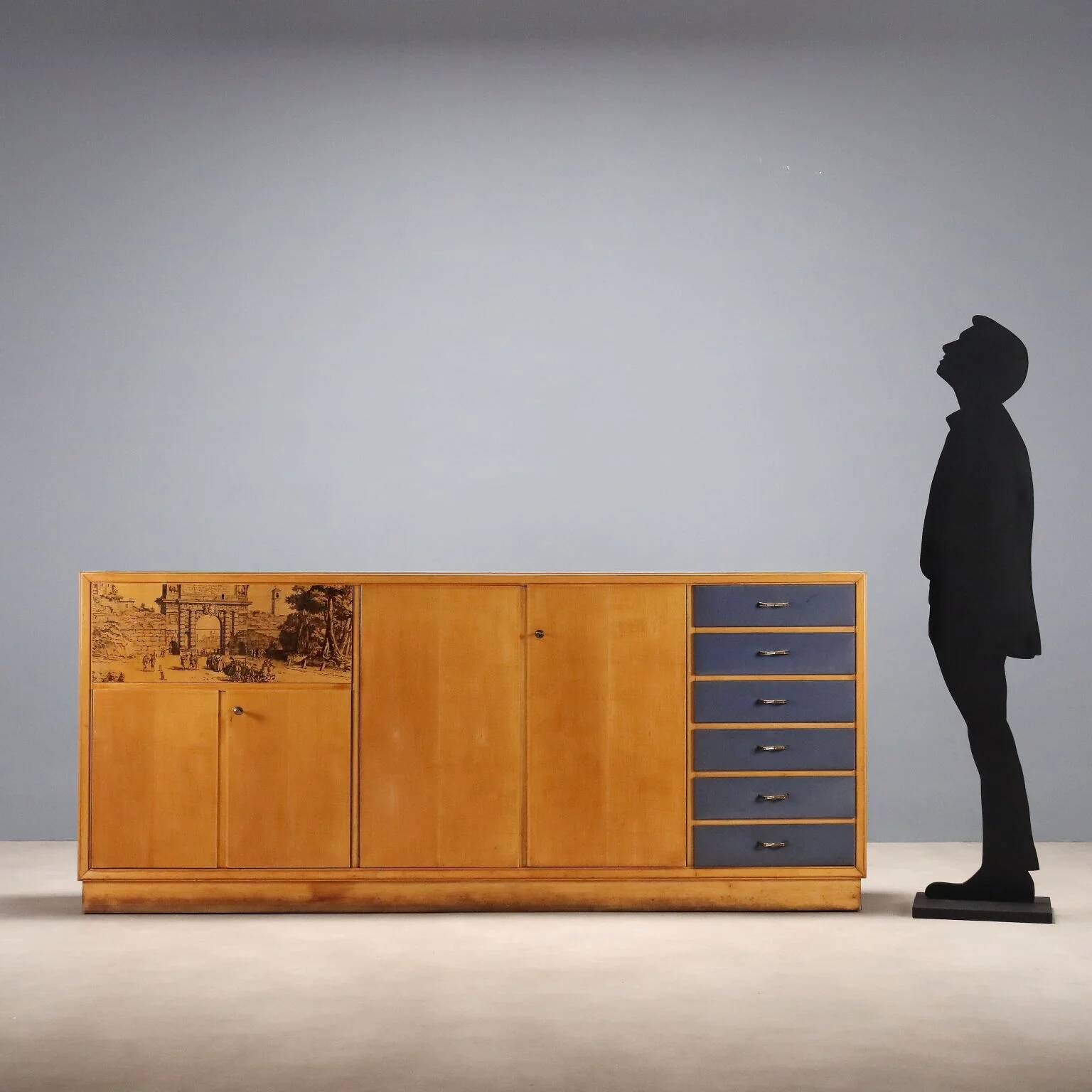 Vintage storage furniture in maple veneer with a glass top, Italian design 1950s.