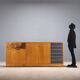 Vintage storage furniture in maple veneer with a glass top, Italian design 1950s.