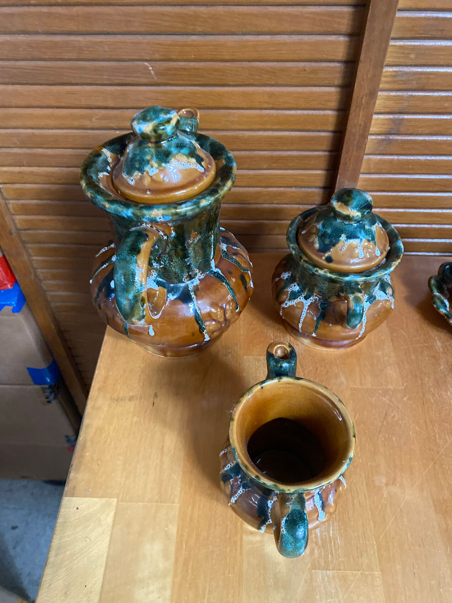 Vintage French café service set, 27 pieces, old pottery from Maine.