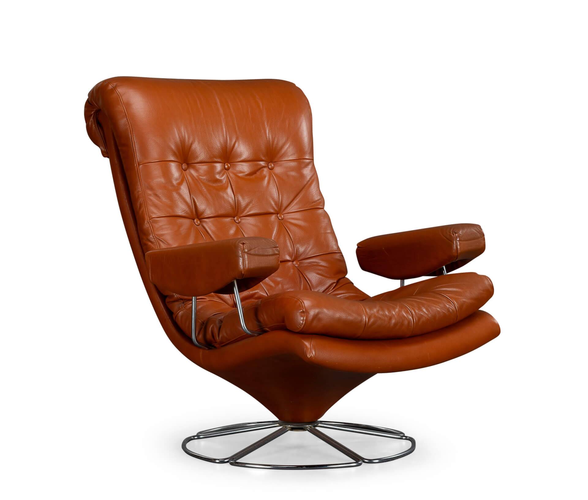 Cognac Leather Swivel chair, 1960s