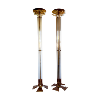Pair of plexiglass and brass floor lamps