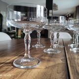 Set of 12 vintage glass champagne glasses with curved foot