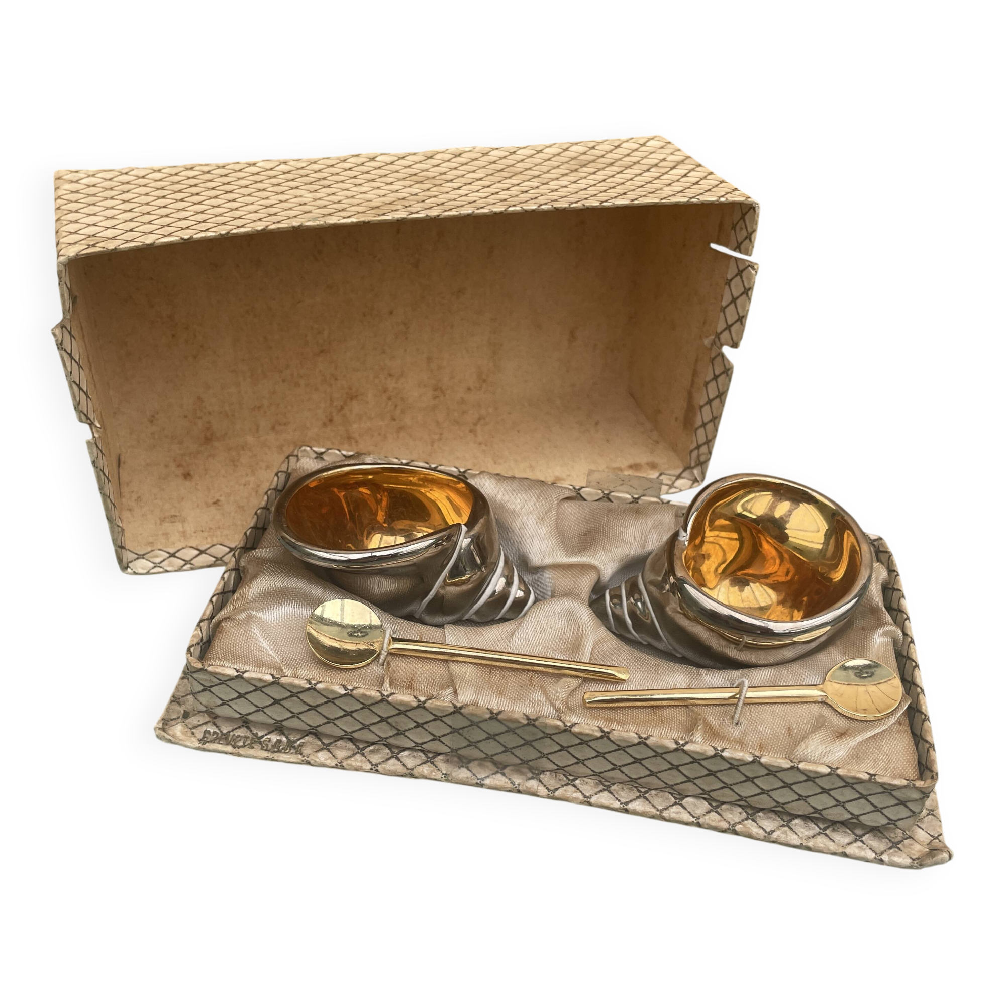 vintage earthenware salt cellars shell decor + golden spoons in box