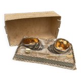 salerons vintage faïence décor coquillage + cuillères dorées en coffret
