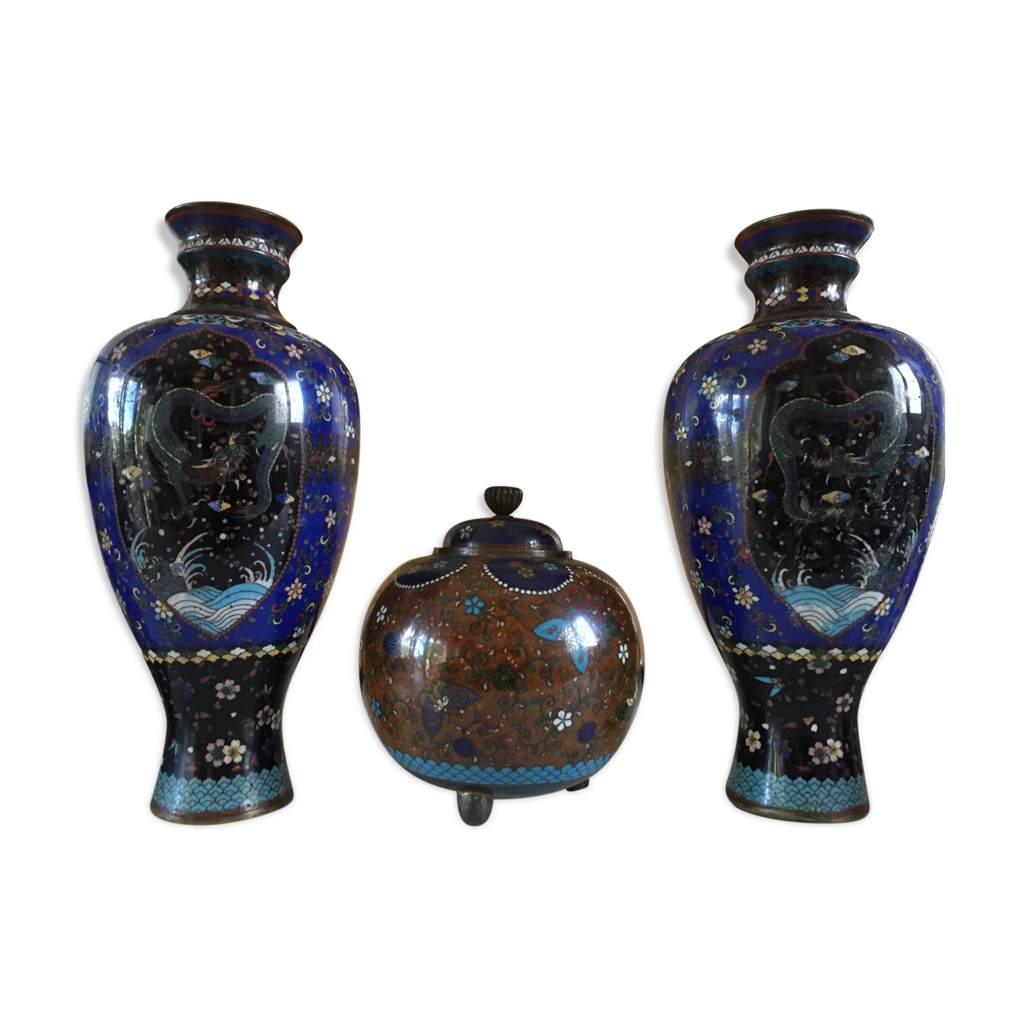 Set 3 vases mapei/emaux cloisonné decorations green dragon / china late eighteenth