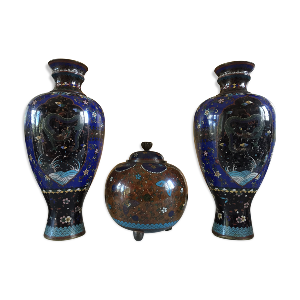 Ensemble 3 vases mapei/emaux cloisonné décors dragon vert/chine fin xviiième