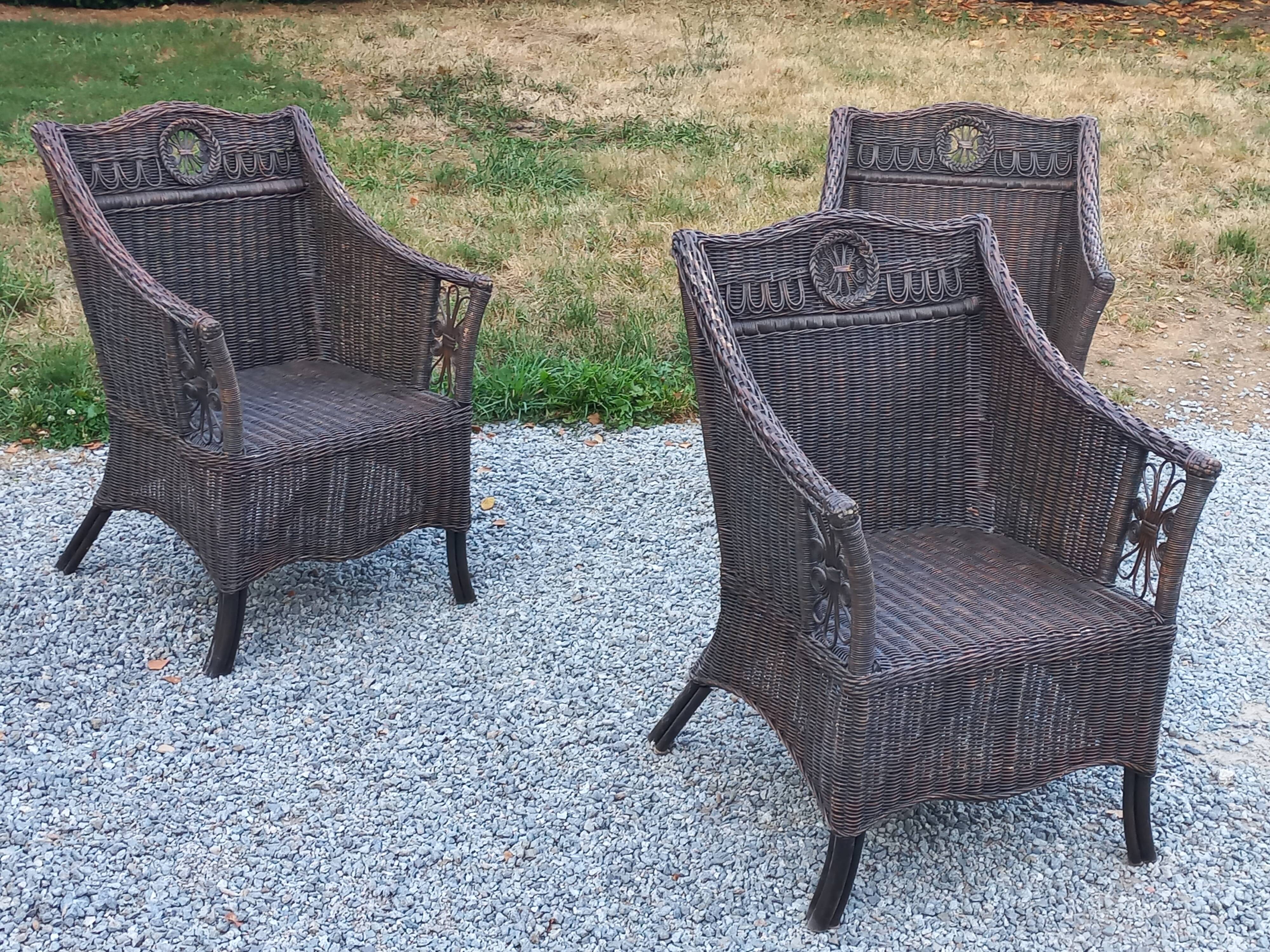Set de 3 fauteuils en rotin des années 70