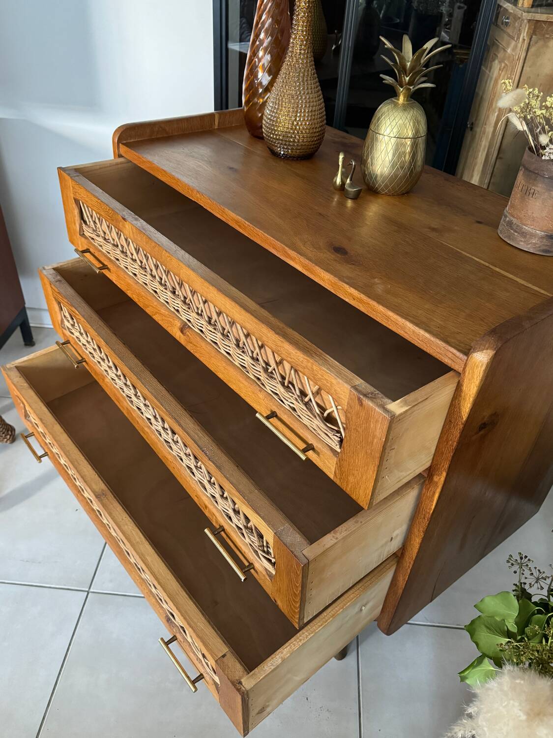 Old vintage wooden and rattan chest of drawers