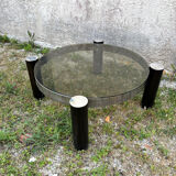 Table basse ronde design italien en chrome et verre fumé vintage