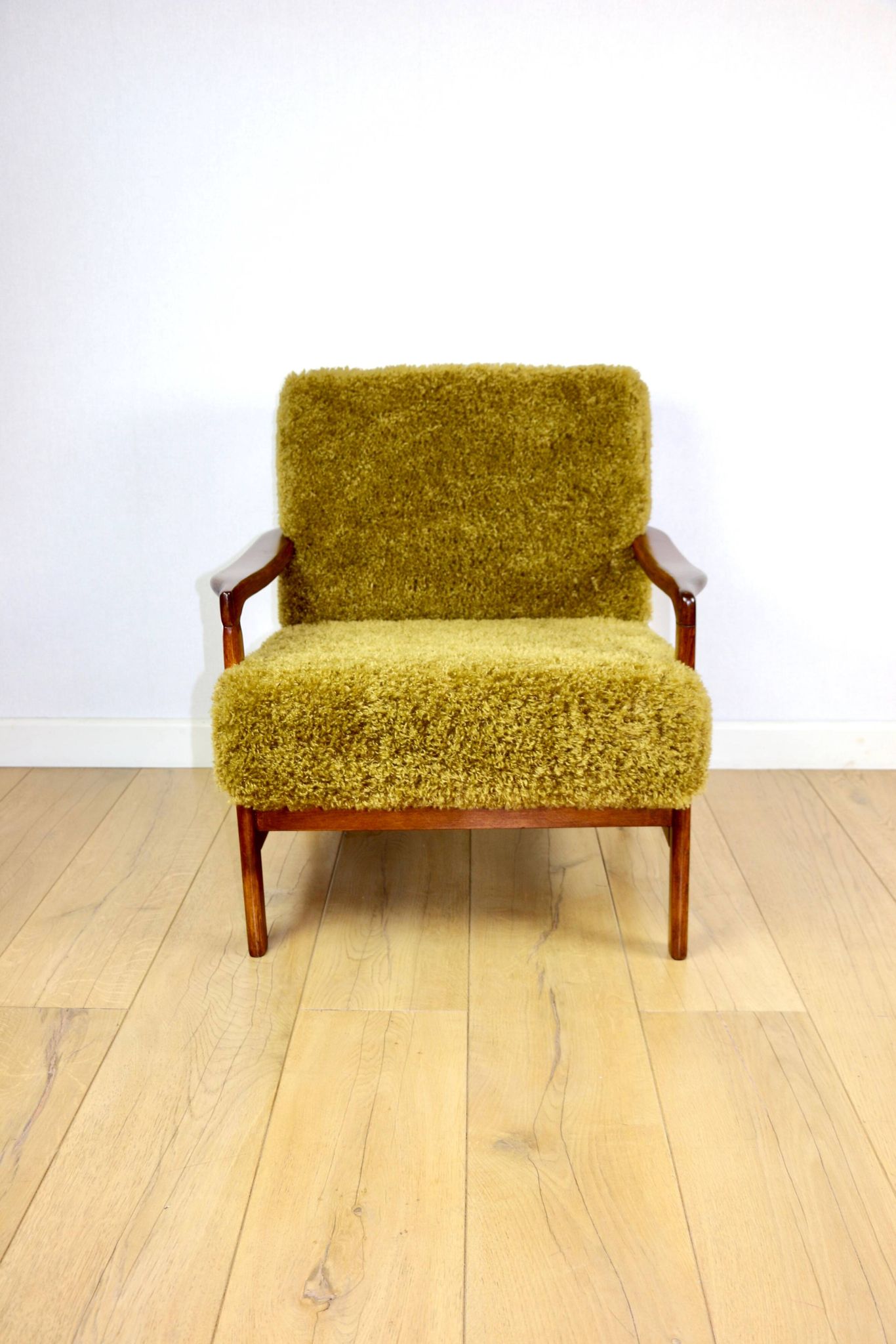 Wooden vintage brown armchair Khaki / Olive long hair Fox by Z. Bączyk - 2 pieces available