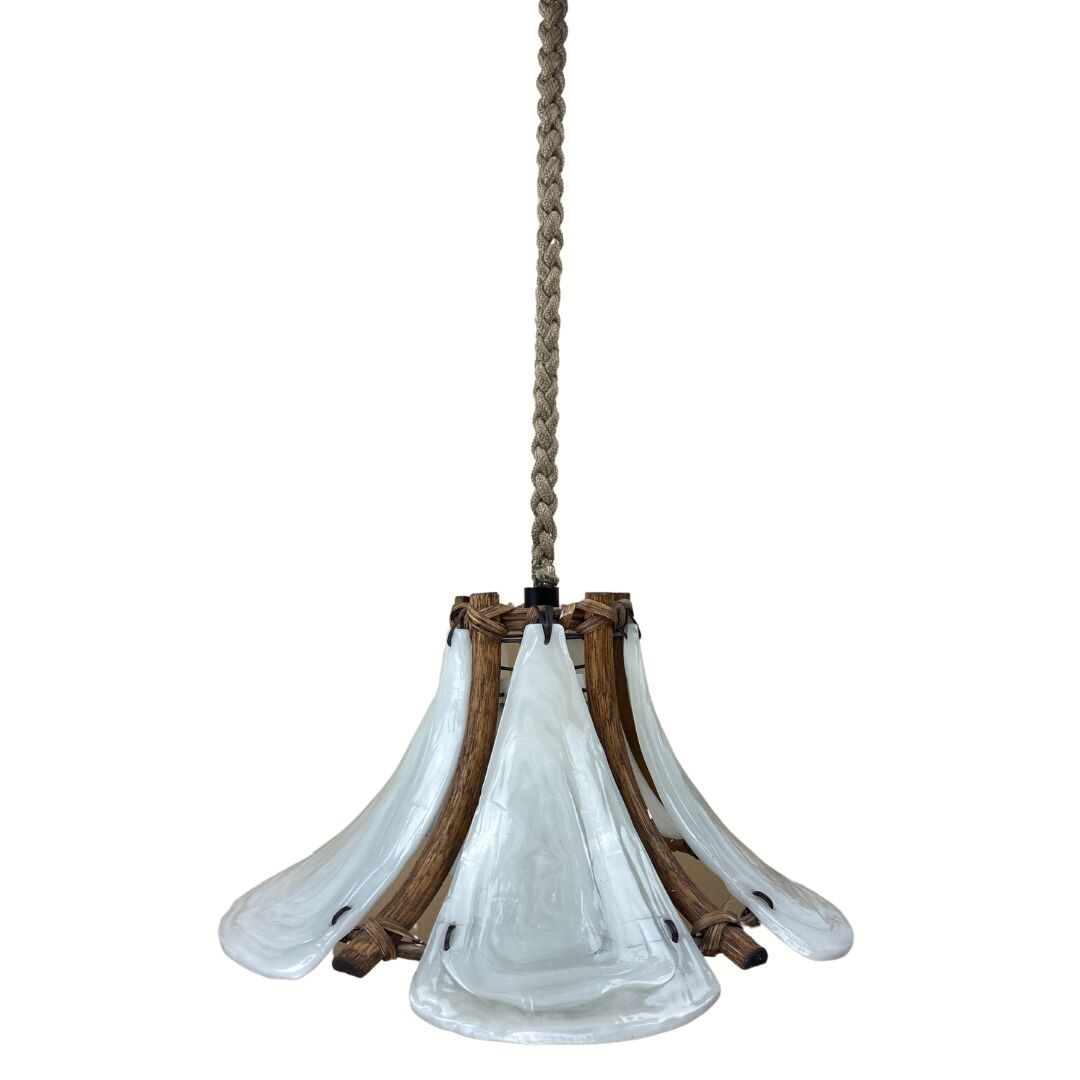 Bamboo acrylic and opaline hanging pendant, 1970,  58cm