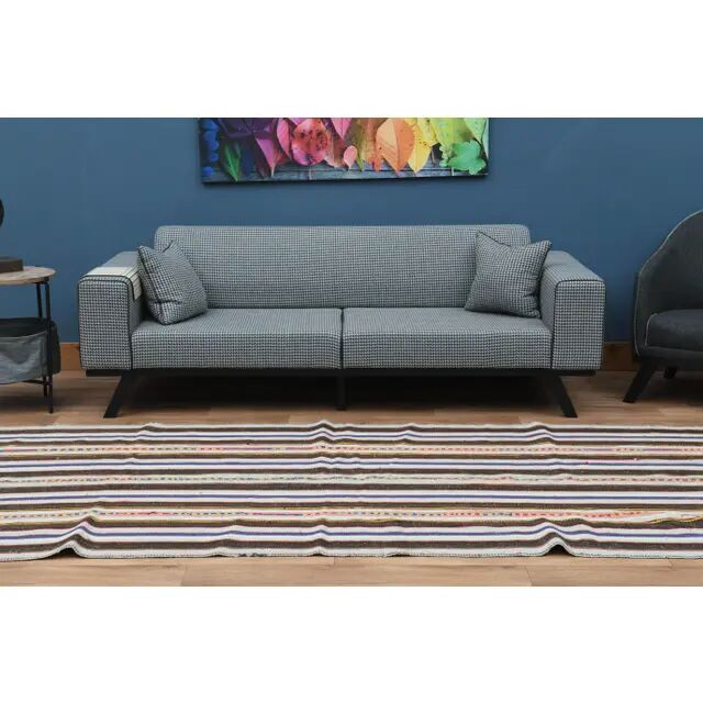 Turkish Vintage Striped Brown Blue Kilim Runner Rug 145x324