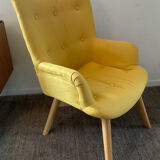 Armchair and ottoman set in beech and yellow fabric