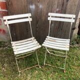 Paire de chaise pliante de jardin en métal & bois blanc vintage