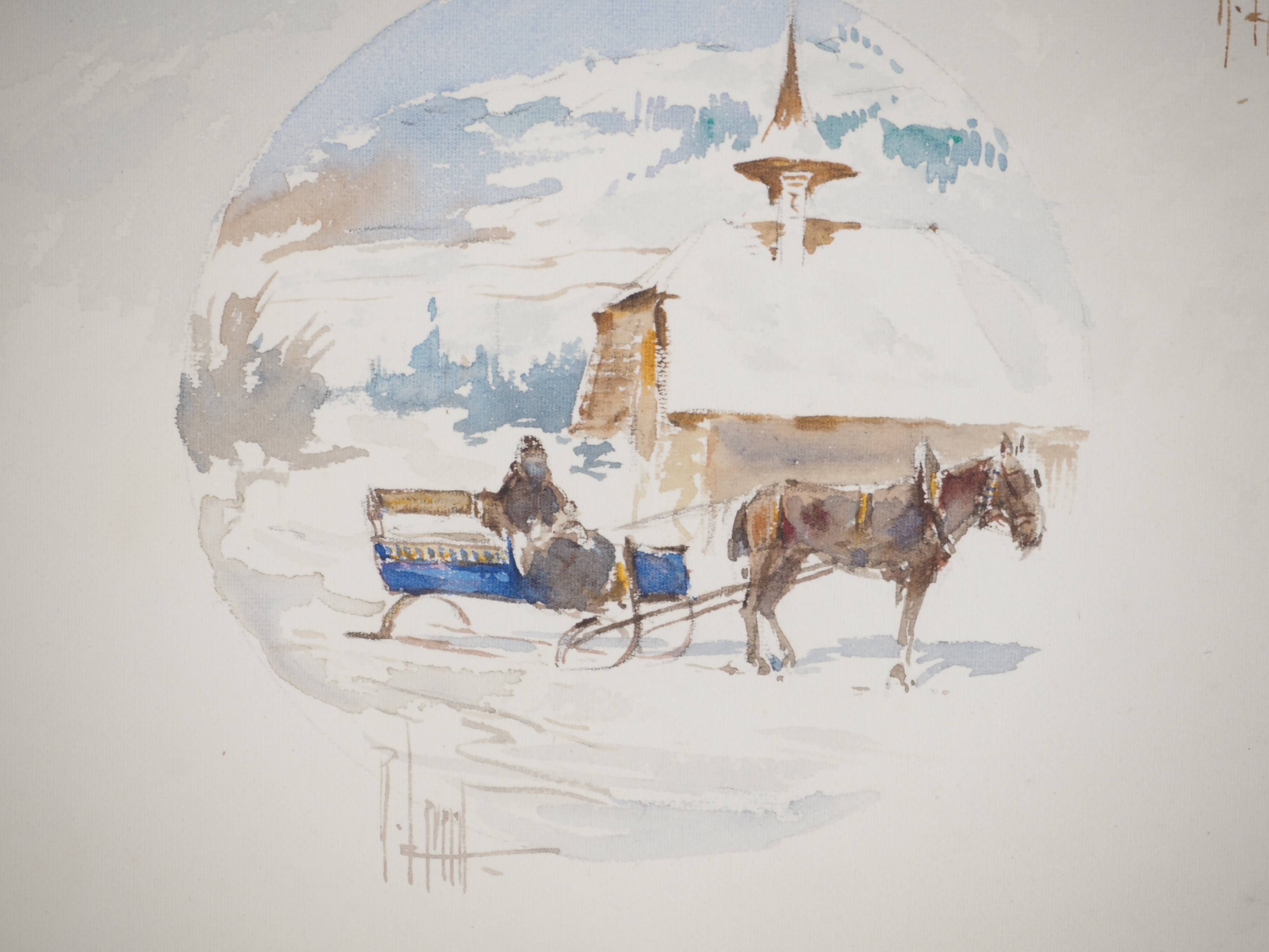 René leverd: switzerland, carriage ride in lagnau, original signed watercolor