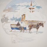 René leverd: switzerland, carriage ride in lagnau, original signed watercolor