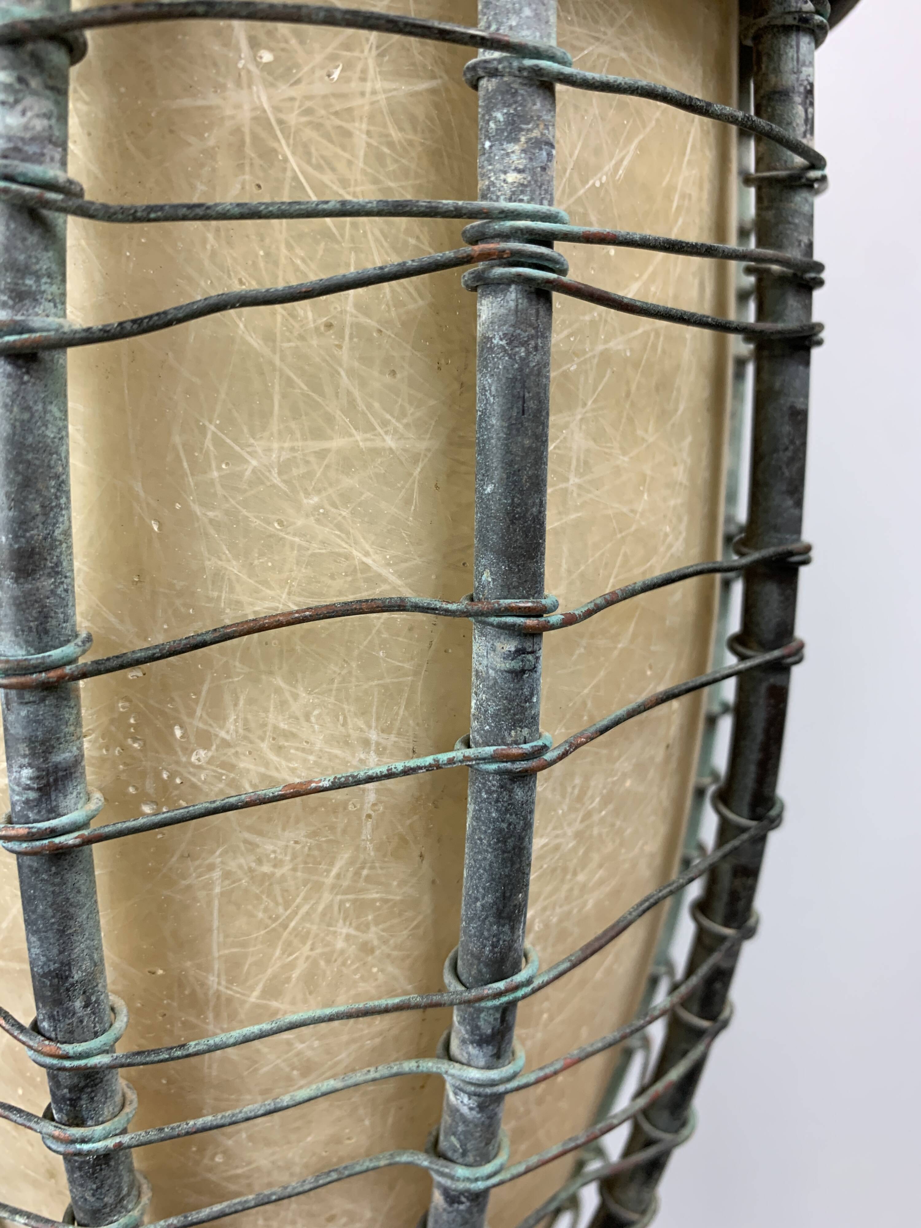 Patinated rustic copper and steel floor lamp with lantern, Indonesia 1980s