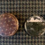 Very old round pocket mirror and leather case, 18th century