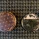 Very old round pocket mirror and leather case, 18th century