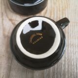 Set of 9 cups and sub-cups in black ceramic and colored gold border