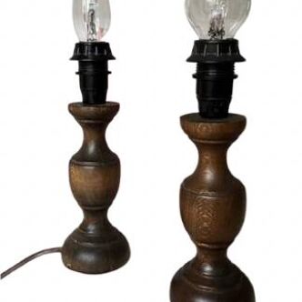 pair of turned wooden bedside lamp bases