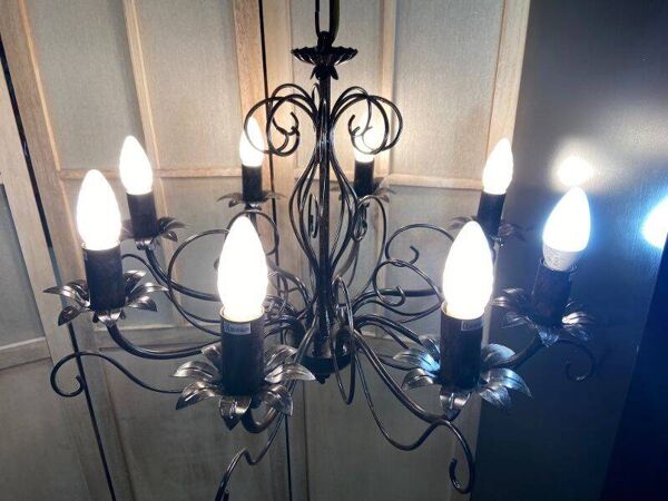 Ancien grand lustre plafonnier fer forgé art populaire déco rétro antique france