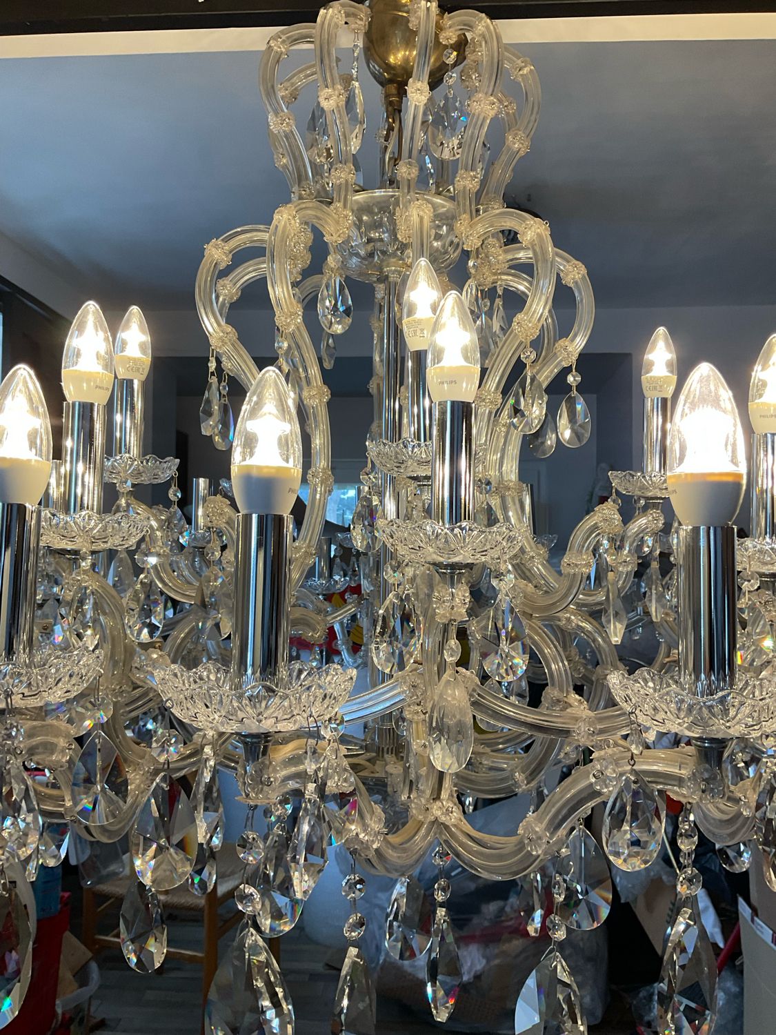 Chandelier 35 Murano glass lamps and crystal tassels D120cm