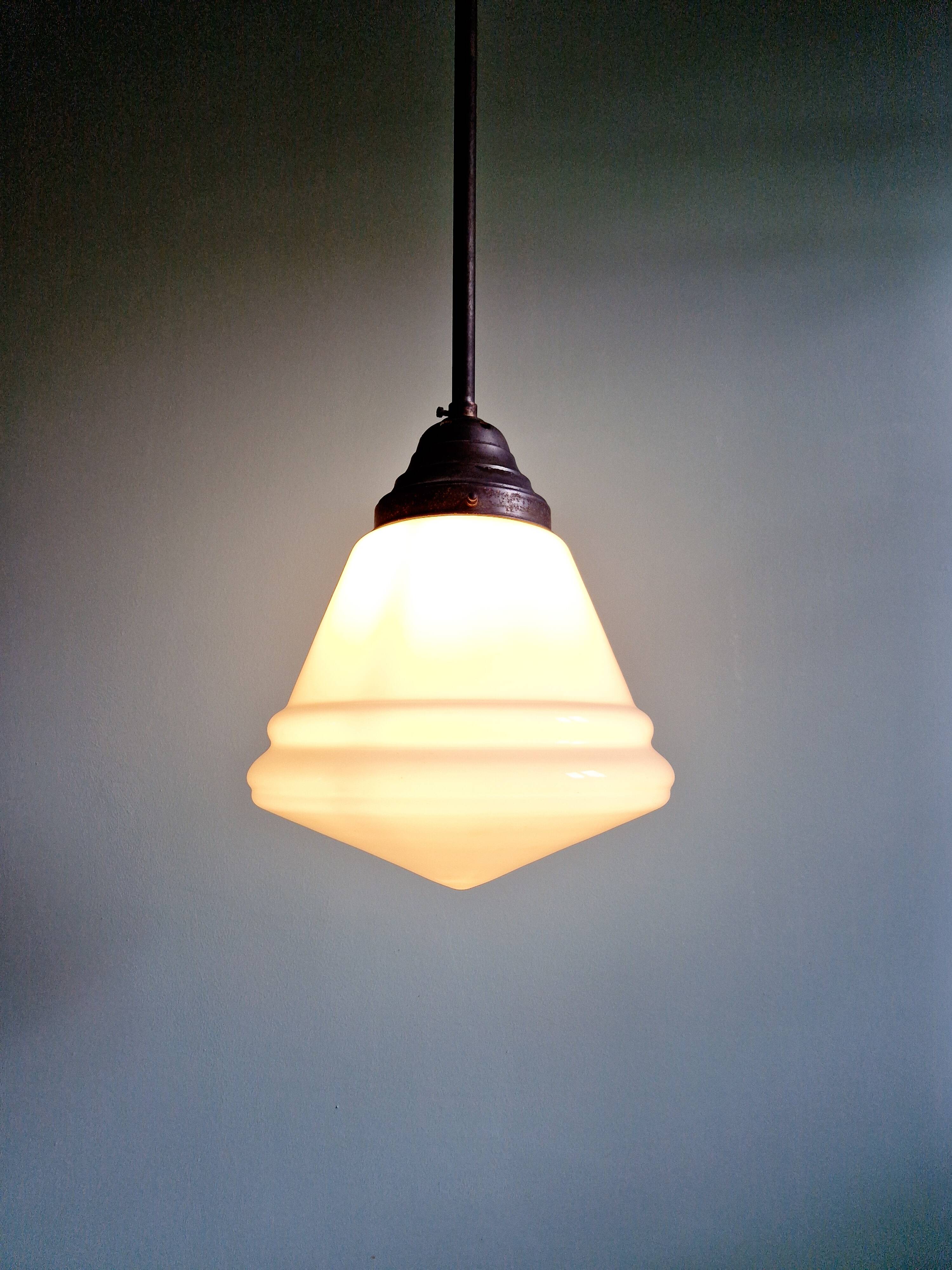 Large Art Deco pendant light in white opaline glass, conical, 1920s-30s