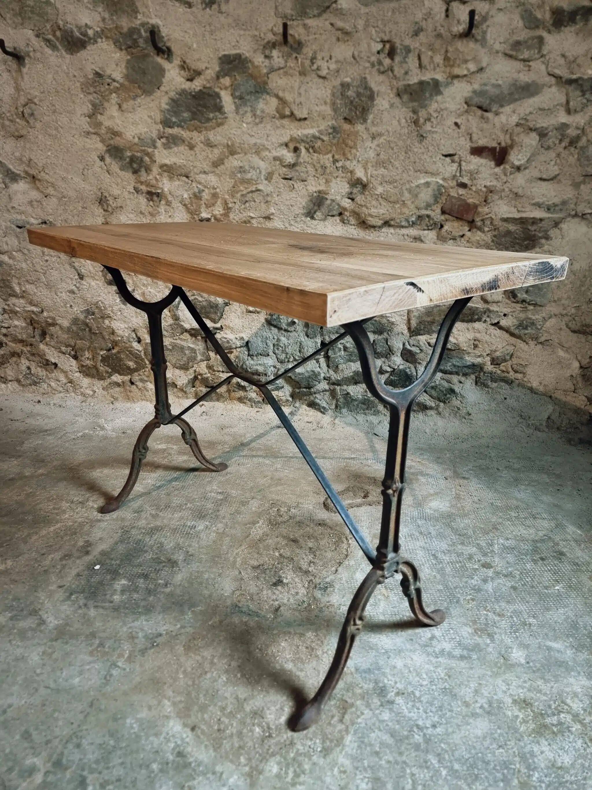 Vintage French bistro table - 1960s/70s cast iron base with solid oak top - retro coffee or wine table