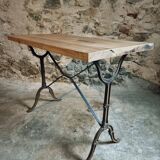 Vintage French bistro table - 1960s/70s cast iron base with solid oak top - retro coffee or wine table