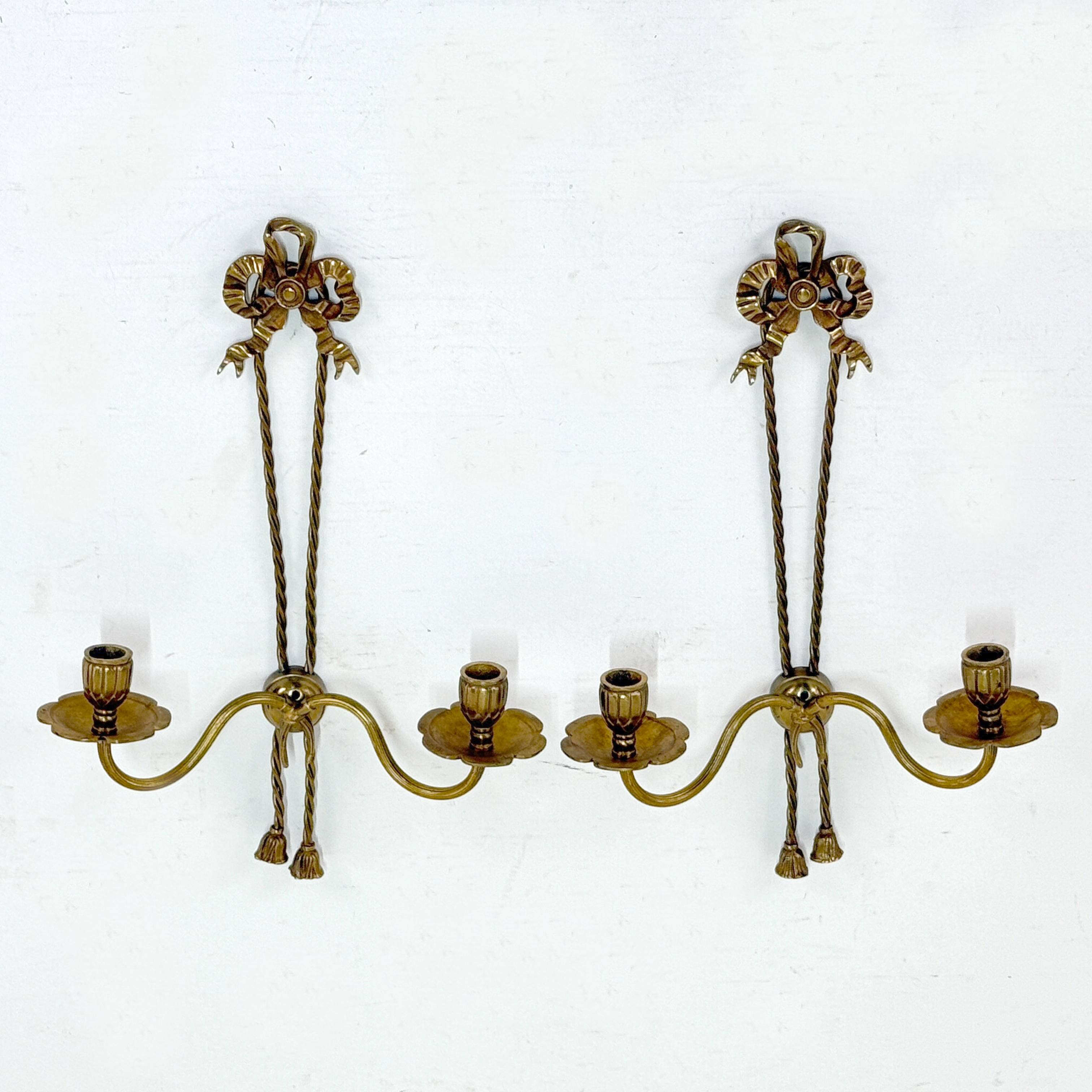 Antique Pair of 2-Light Wall Lights - Gilt Bronze - Louis XVI Style Knot