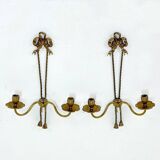 Ancien Paire Appliques 2 Feux - Bronze Doré - Nœud Style Louis XVI