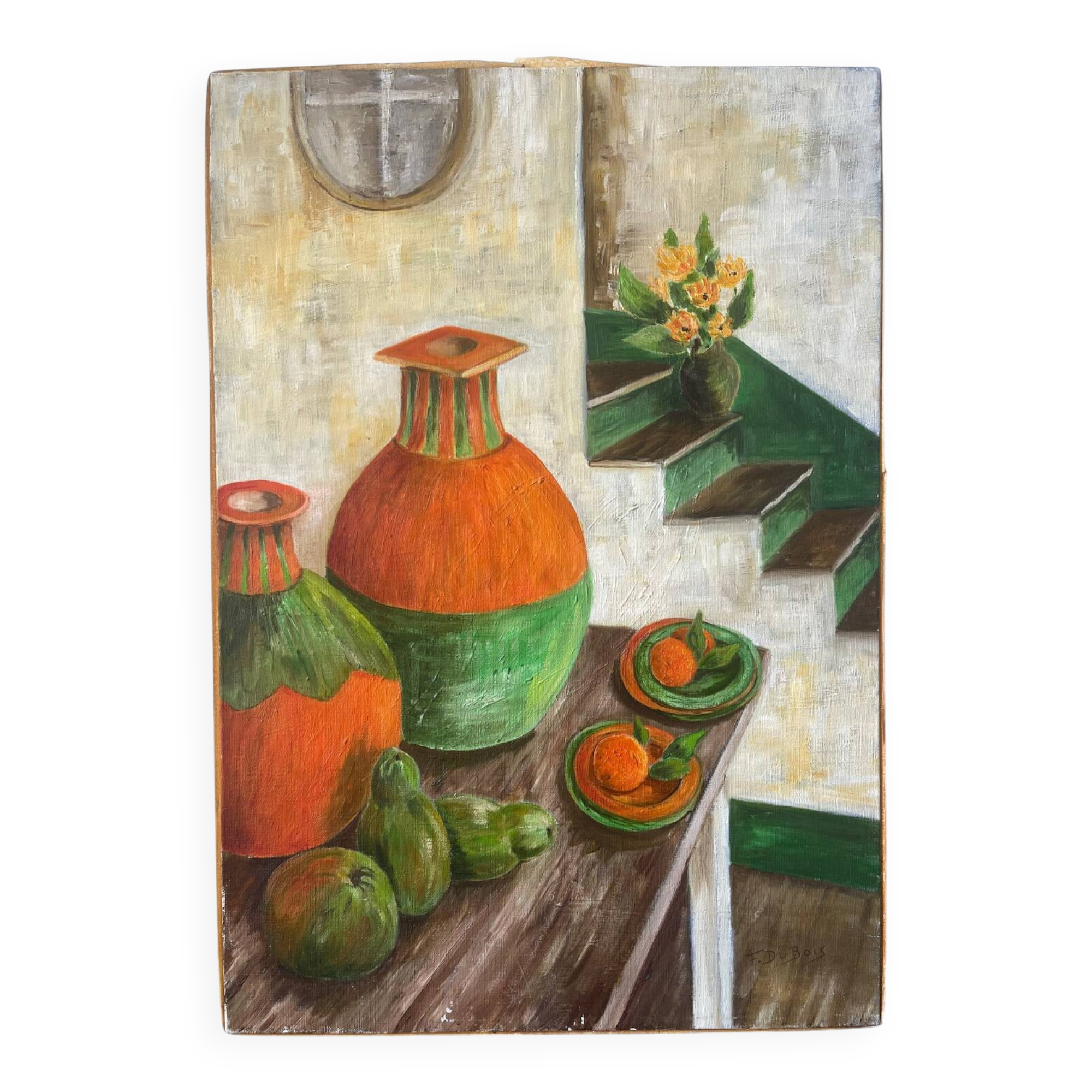 Still life and staircase, signed