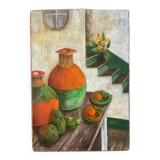 Still life and staircase, signed