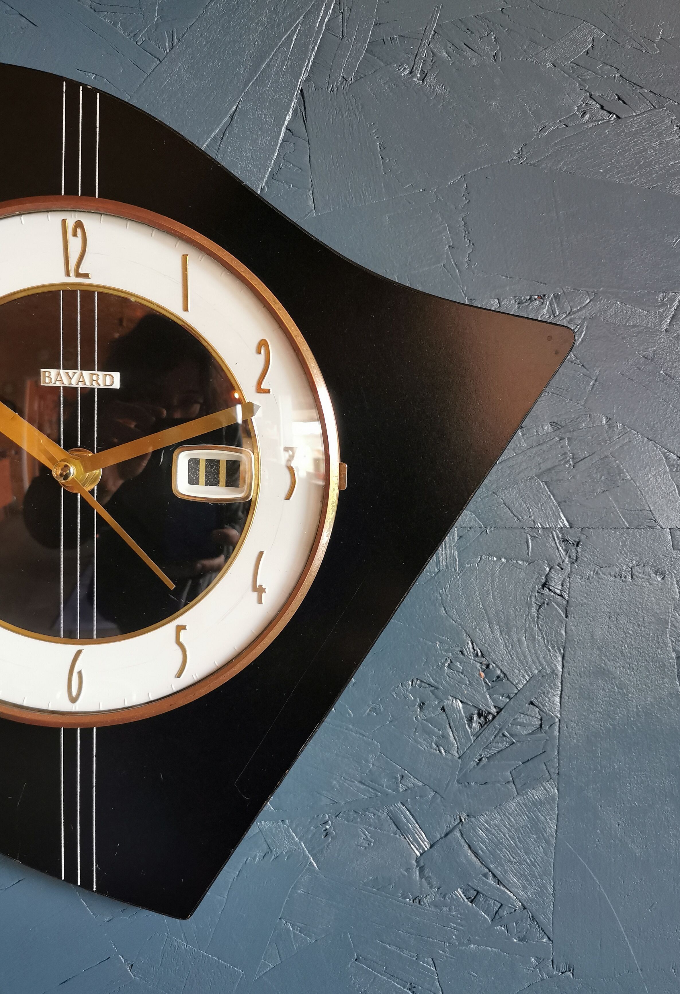 Vintage formica clock asymmetrical silent wall clock "Bayard black white lines"