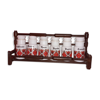 Wooden rose with its 6 spice pots, made in Italy. 1970.