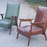 Pair of vintage Scandinavian style armchairs with moleskine compass legs from the 1950s