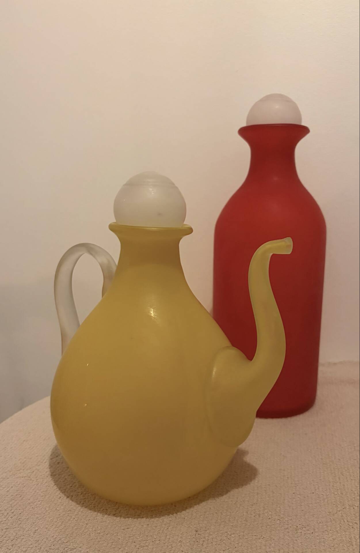 Stunning Duo of Mid-Century Frosted Satin Glass Carafes & Decanters