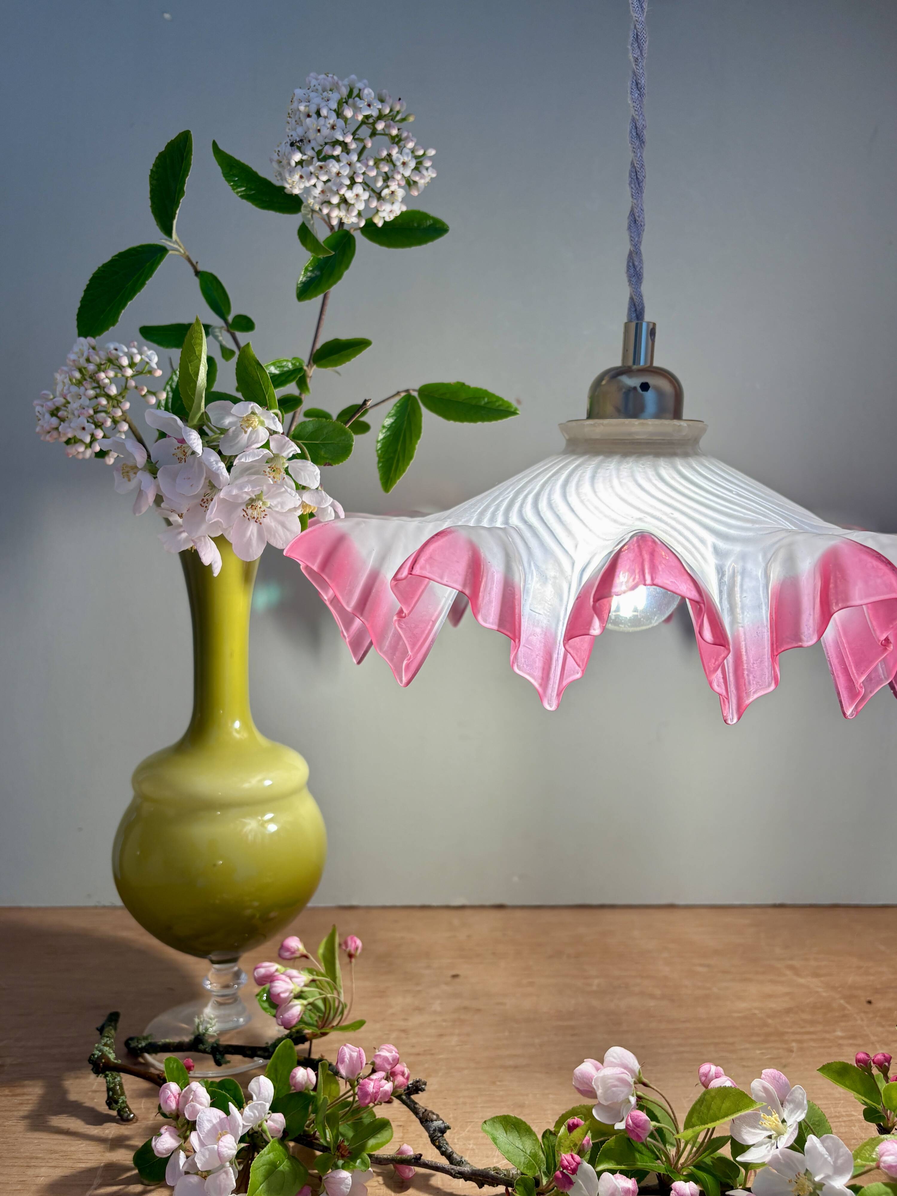 Vintage lace lampshade pendant light in pink frosted glass