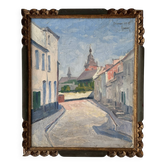 Oil on canvas of a French village "Bavay" 1928, landscape signed and framed.