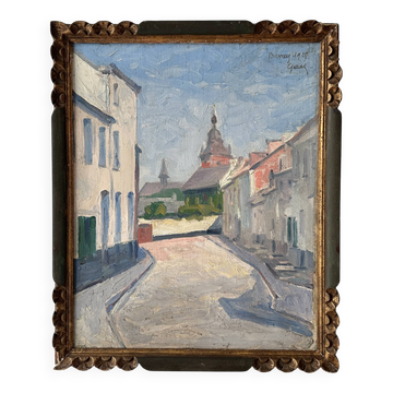 Oil on canvas of a French village "Bavay" 1928, landscape signed and framed.