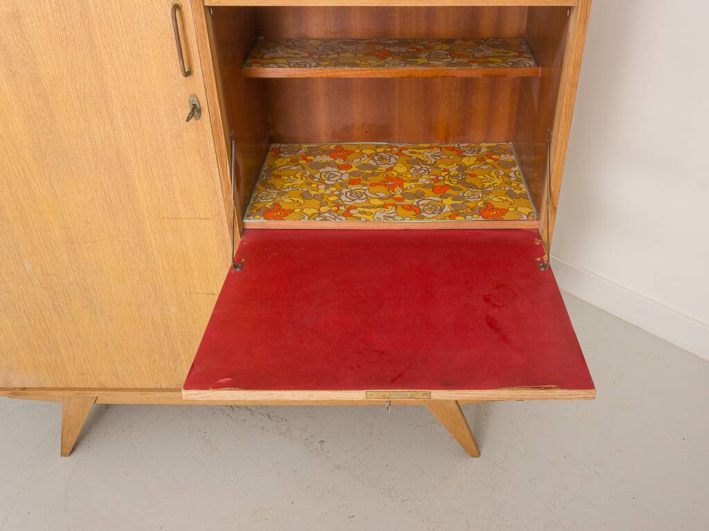 Oak desk cabinet with wardrobe space and fully pickled showcase, circa 60