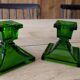 Pair of vintage Art Deco style green glass candlesticks