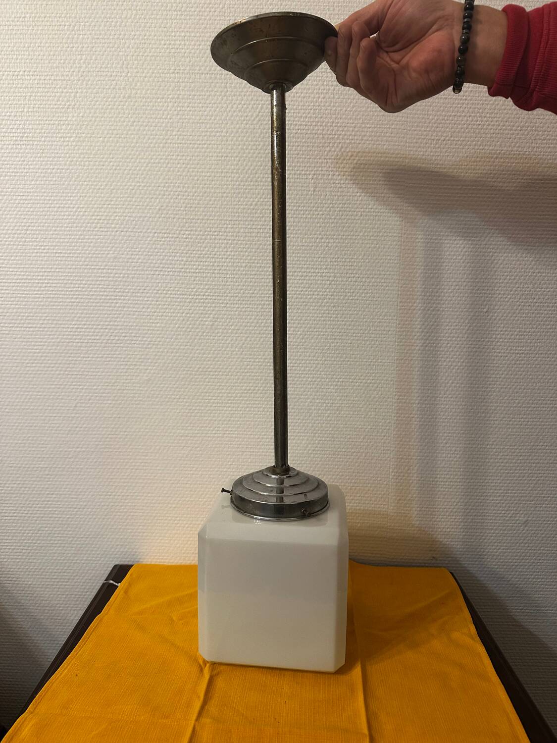 Opaline cubic pendant lamp in Art Deco style attributed to Walter Georg Kostk.