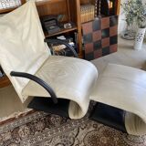 Ligne Roset "ZEN" armchair and footrest in white draped leather